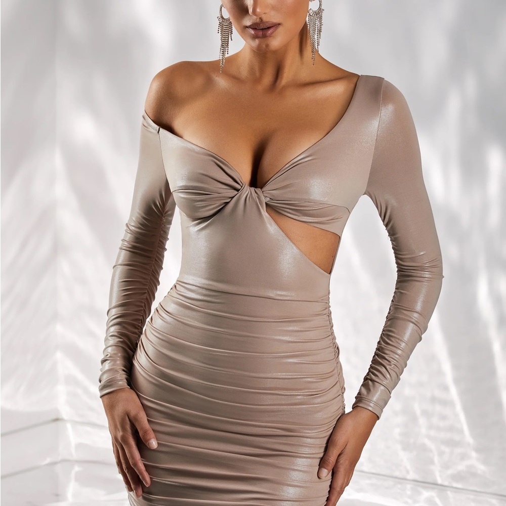 Oh Polly Cut Out Mini Dress in Taupe